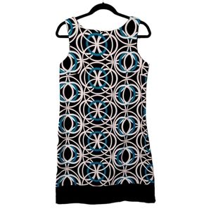 AB STUDIO Blue White Black Geometric Print Sleeveless Shift Dress 12 (Large)
